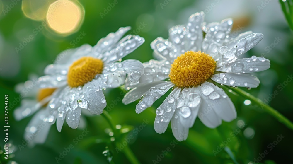 A macro view of chamomile flowers with tiny water drops clinging to the petals, emphasizing their delicate texture. A macro view of chamomile flowers with tiny water drops clinging to the petals, emphasizing their delicate texture.