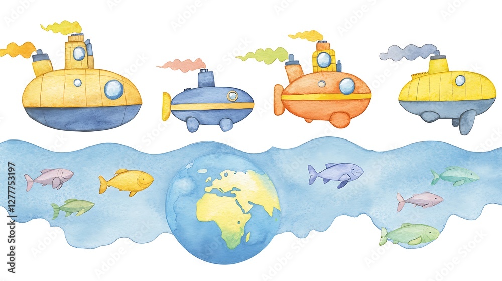 Naklejka premium Cute Watercolor Submarines and Fish Over World Globe Illustration.
