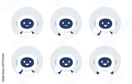 いろいろな表情･ポーズをするAIロボットの顔アイコンセット【ベクターイラスト素材】