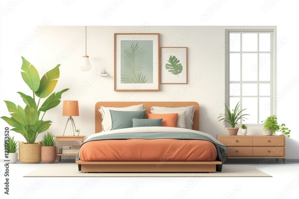 Naklejka premium Modern Minimalist Bedroom Interior Design with Wooden Bed Plants and Artwork