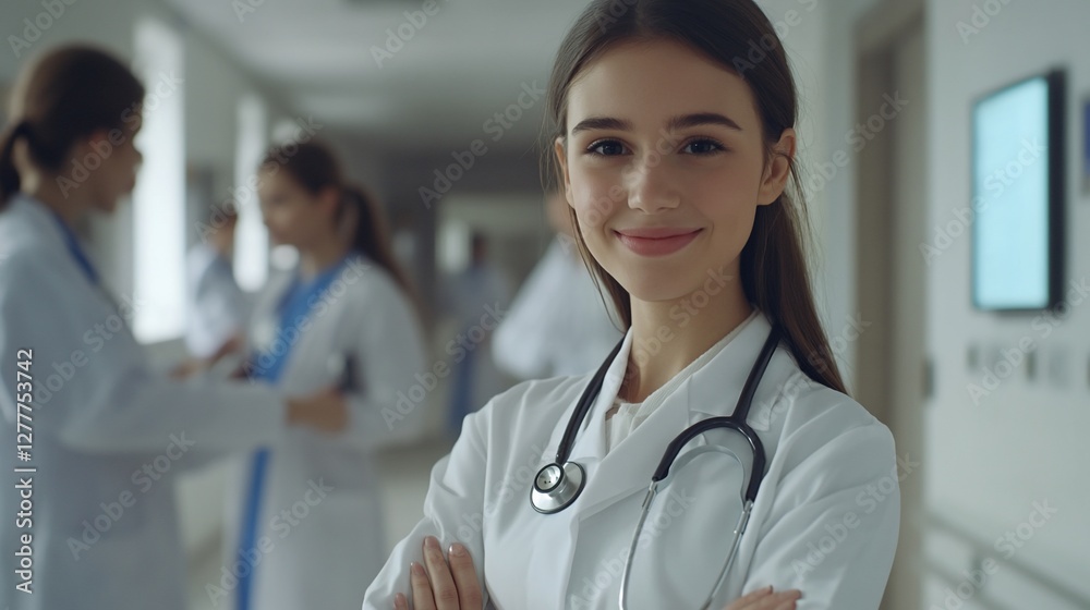 Confident female doctor smiling in hospital hallway. Confident female doctor smiling in hospital hallway.