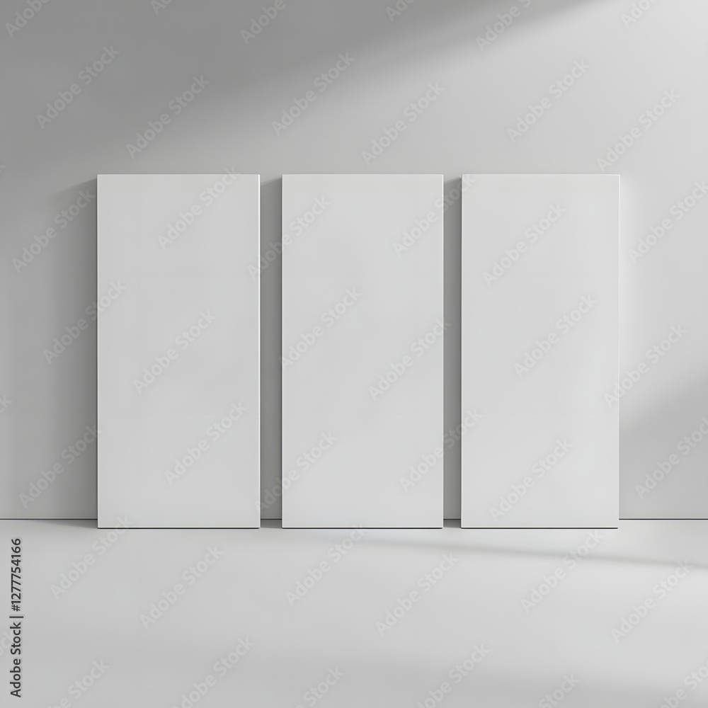 White Mockup Stand with Three Wall Modules and Central Higher Section