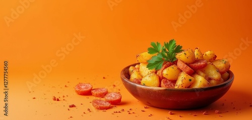 Rustic Papas con Chorizo on Bright Orange Background with Negative Space