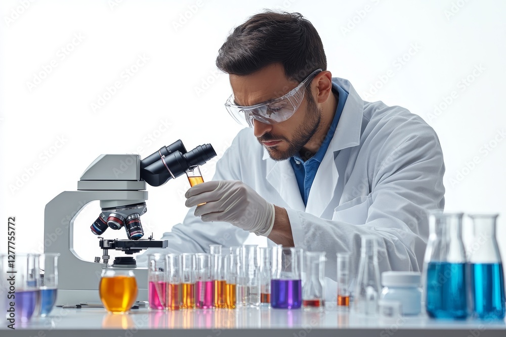 Male Scientist Examining Sample Under Microscope in Lab Research Science Male Scientist Examining Sample Under Microscope in Lab Research Science