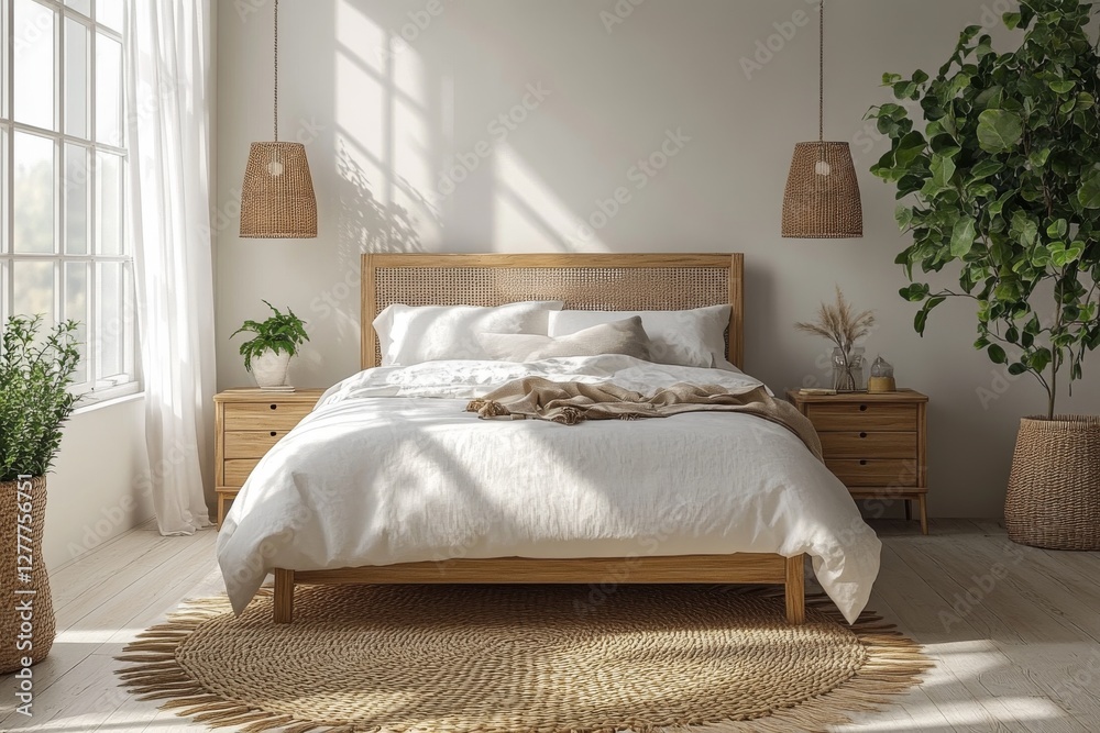 Fototapeta premium Serene Modern Bedroom Interior White Linen Bedding Rattan Bed Frame Natural Light