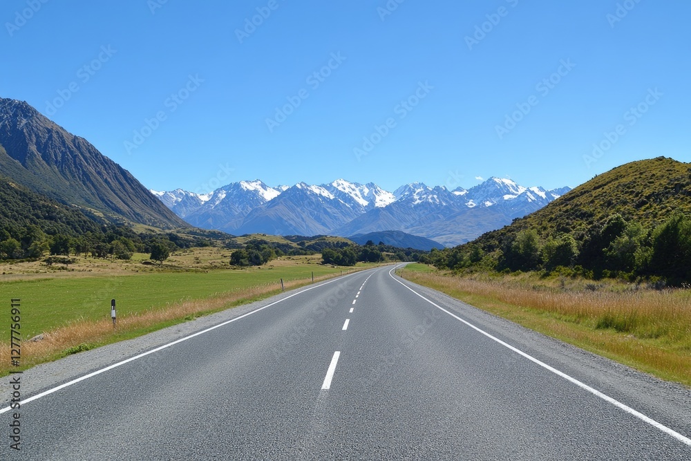 Scenic mountain road journey, New Zealand landscape Scenic mountain road journey, New Zealand landscape