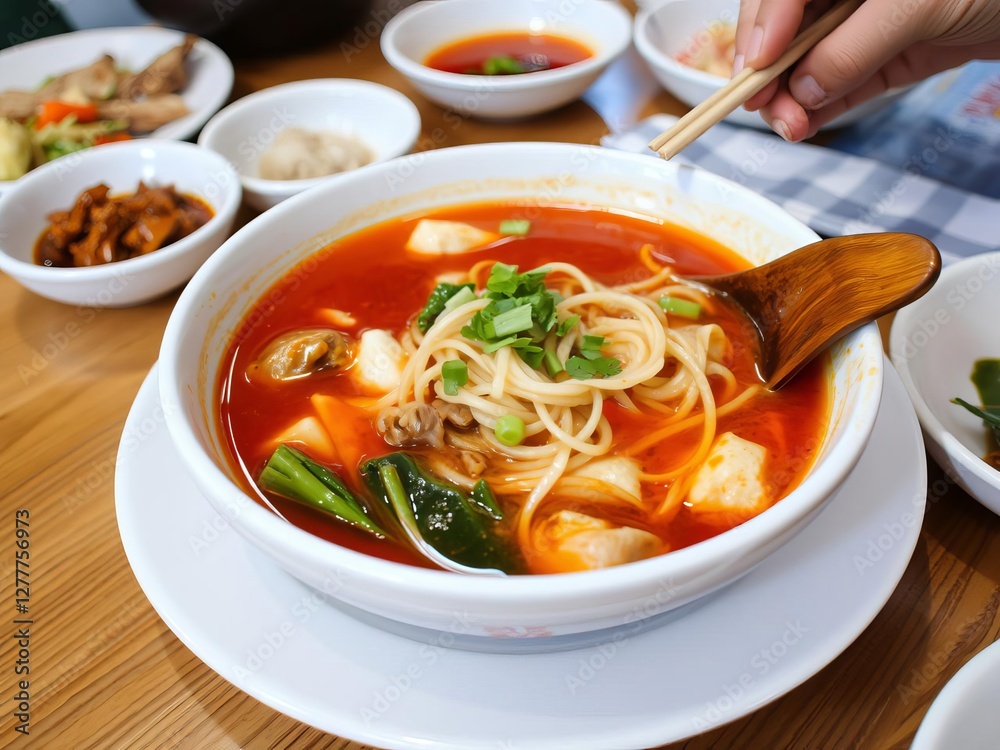 Traditional Thai noodle dish with savory meat and flavorful broth, served in a white bowl on a wooden table, food, dish Traditional Thai noodle dish with savory meat and flavorful broth, served in a white bowl on a wooden table, food, dish