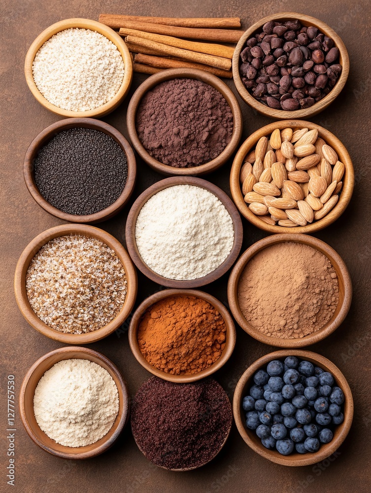 Various Spices and Ingredients on Brown Background Various Spices and Ingredients on Brown Background
