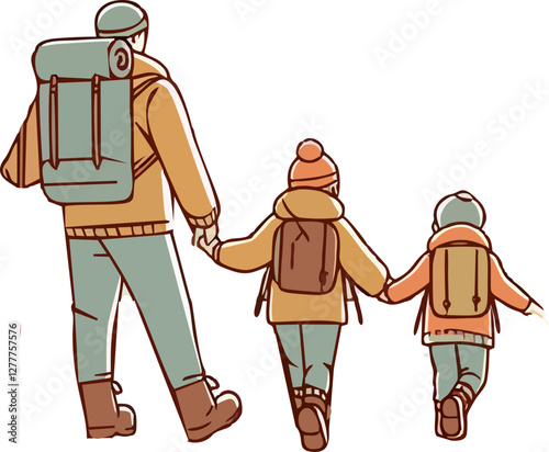 Hiking Family in Natural Landscape – Editable Vector Illustration Color
