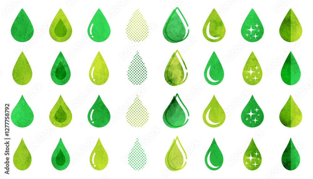 A set of various water droplet-shaped icons (green) A set of various water droplet-shaped icons (green)