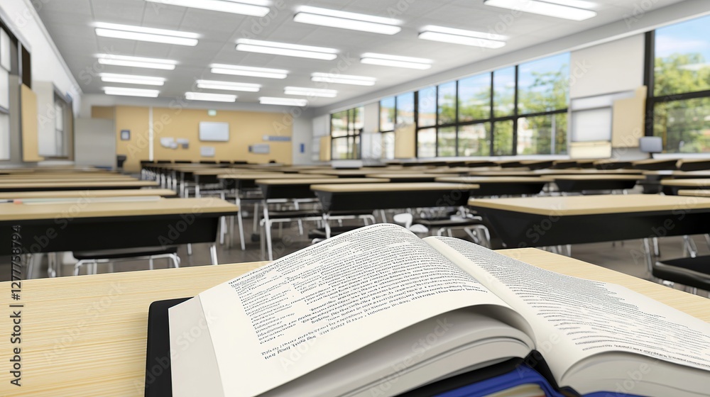 Obraz premium Open textbook in empty classroom, bright windows, learning