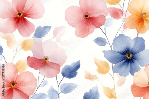 Delicate Watercolor Floral Pattern Soft Pink Blue and Peach Blossoms on White Background