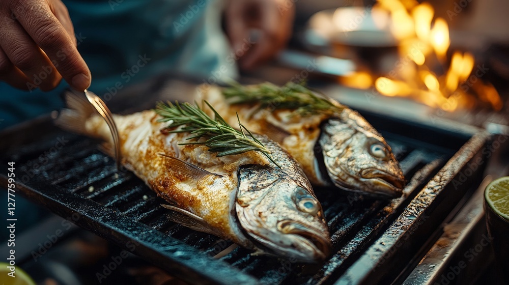 Grilled fish with herbs being prepared over a fire. Grilled fish with herbs being prepared over a fire.