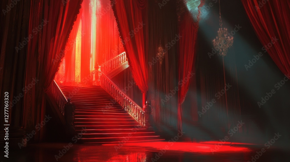 Fototapeta premium A striking scene with red curtains and a staircase, illuminated by light effects, setting a dramatic tone.