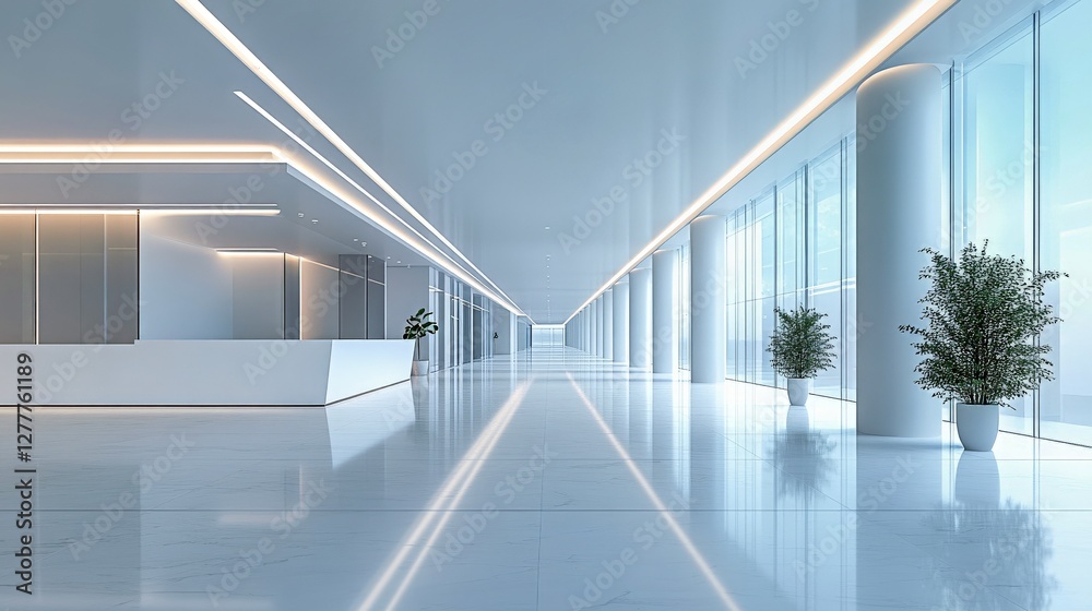 Obraz premium Modern corporate office interior design. Spacious hallway and sleek architecture. Clean perspective and minimalistic style. Bright workspace professional environment with elegant lighting columns.