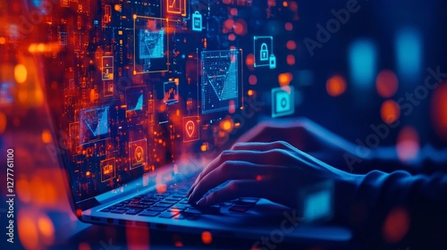 Futuristic cybersecurity interface blends with technology data. Digital security and online network enhance hacking protection. Futuristic display design suits modern IT needs perfectly.