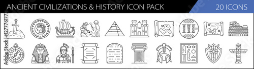 Ancient Civilizations & History Icon Pack - A collection of 20 icons representing symbols from ancient civilizations and historical landmarks, perfect for design projects.

