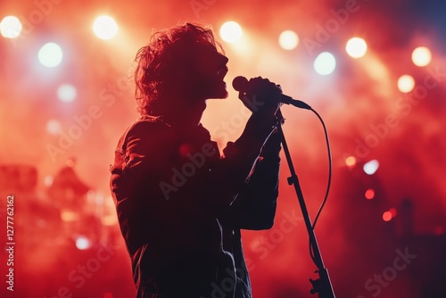 Male Singer Performing on Stage Silhouette Concert Red Lighting Microphone
