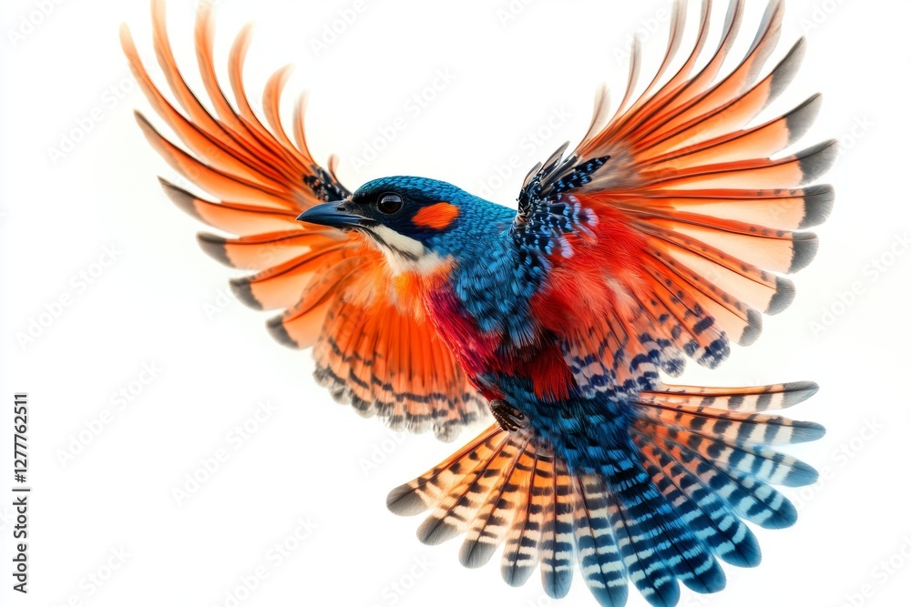 Naklejka premium Vividly Colored Bird in Flight Wings Spread Wide Detailed Feathers Exotic Avian Wildlife