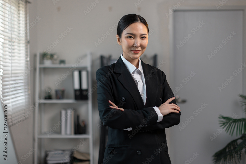 Beautiful Asian business woman at work with her arms crossed and looking at the camera.
Beautiful Asian business woman at work with her arms crossed and looking at the camera.