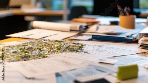 An urban planner's desk with land use plans, site assessments, and planning documents, reflecting the collaborative nature of their work with agencies.