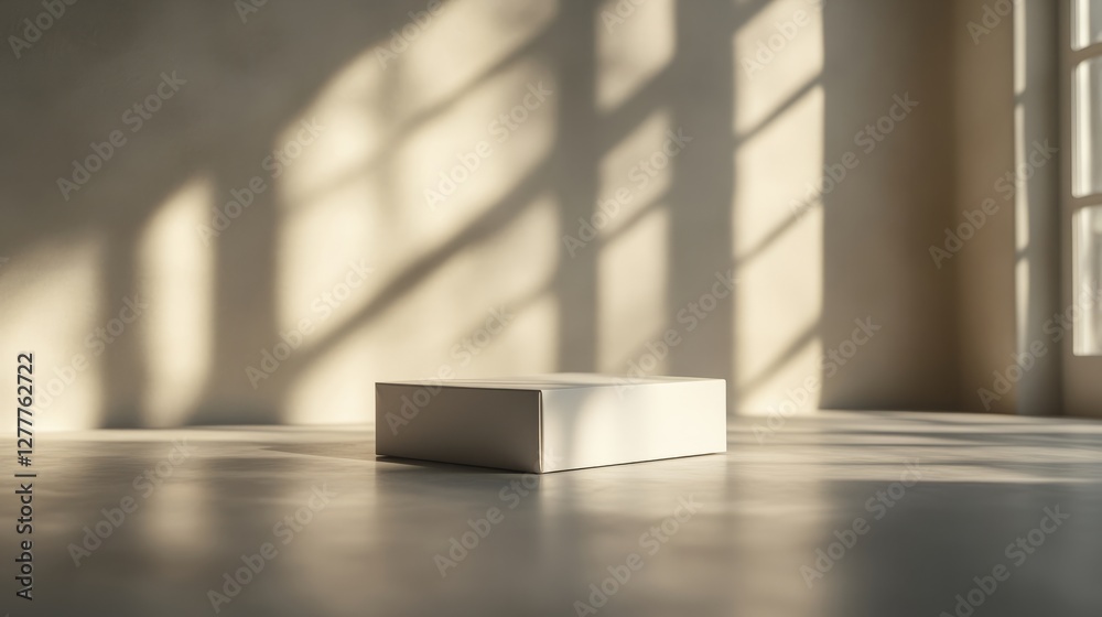 Fototapeta premium A blank gift box sitting on a sleek, minimalist surface, with neutral tones and soft lighting enhancing the modern look