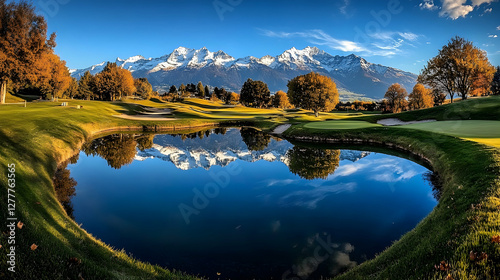 Autumnal golf course, mountain backdrop, peaceful pond reflection