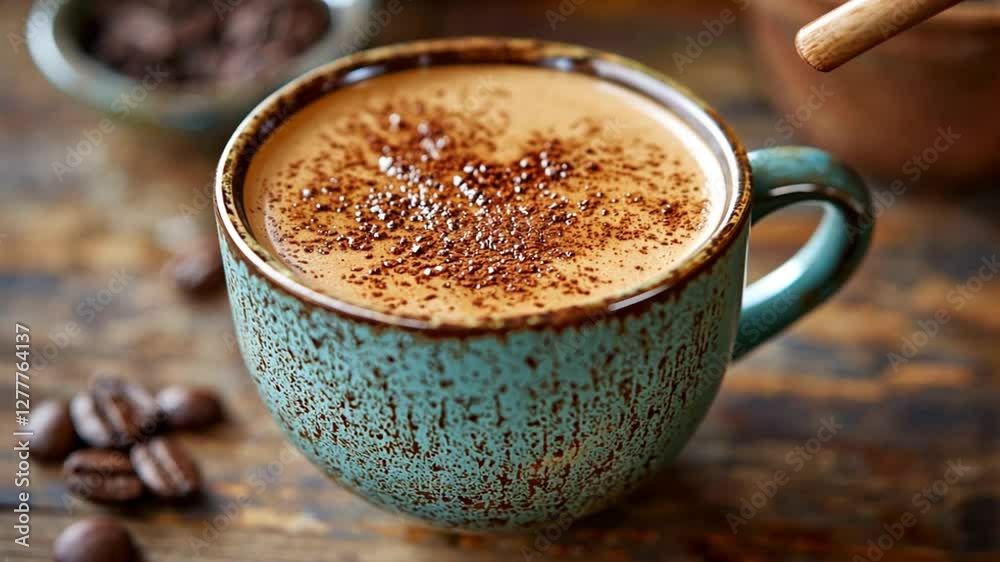 Rustic coffee drink in teal mug, coffee beans, cocoa powder Rustic coffee drink in teal mug, coffee beans, cocoa powder