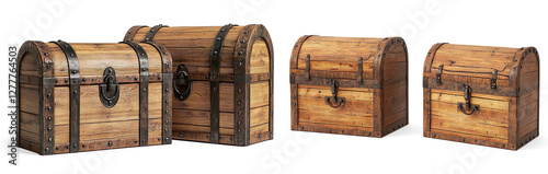 Vintage Wooden Treasure Chests with Metal Accents on a Transparent Background