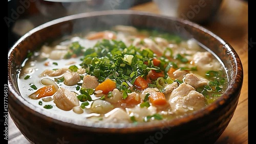 Delicious steaming chicken soup with vegetables and herbs in a bowl