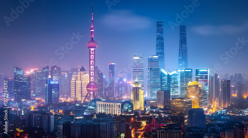 A city at night with many tall buildings and a highway