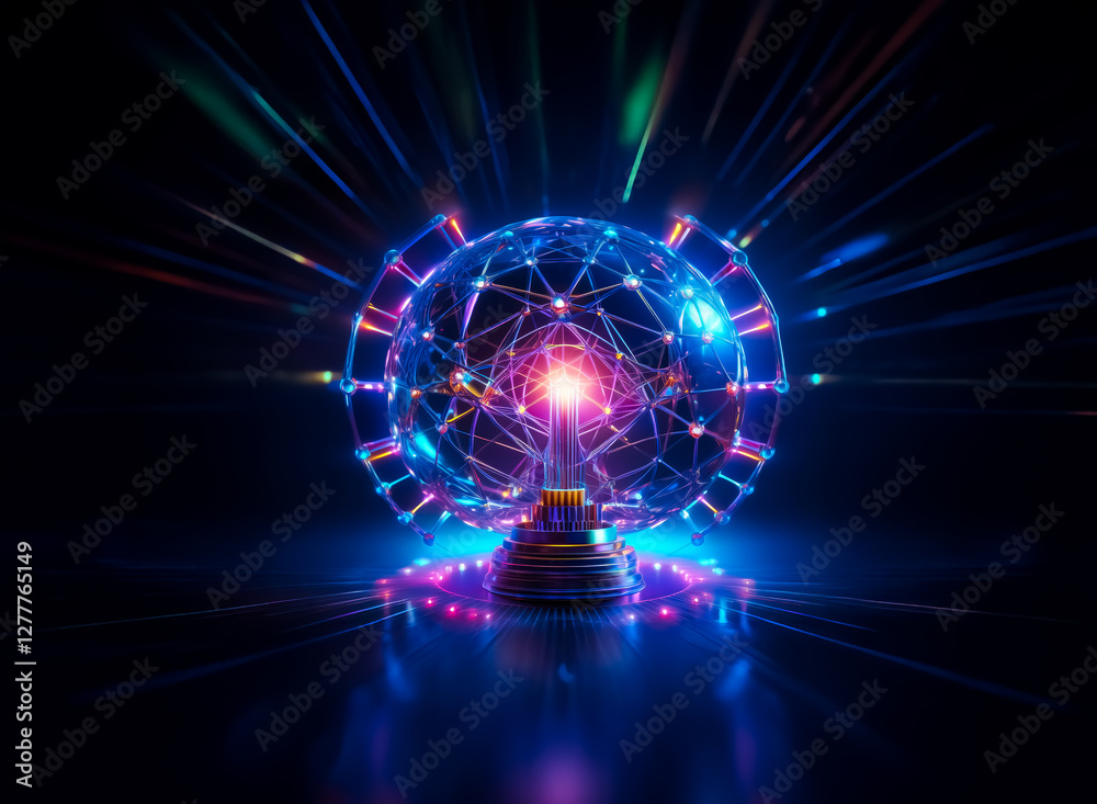A luminous sphere with interconnected glowing lines sits on a pedestal, emitting radiant light beams. Abstract and futuristic design with vibrant colors in a dark space. A luminous sphere with interconnected glowing lines sits on a pedestal, emitting radiant light beams. Abstract and futuristic design with vibrant colors in a dark space.