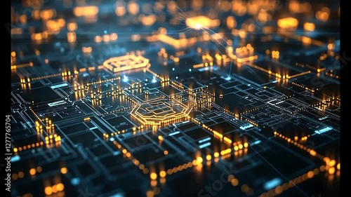 Futuristic digital circuit board with glowing lights and data streams