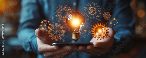 Business solutions and automation represented by a man holding a lightbulb, smartphone, and a network of gears, showcasing technological innovation