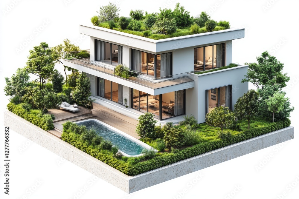 Fototapeta premium Modern Luxury Two Story House with Green Roof Pool and Lush Landscaping