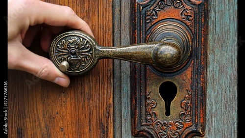 Hand Turning Vintage Door Handle on Rustic Wooden Door with Keyhole