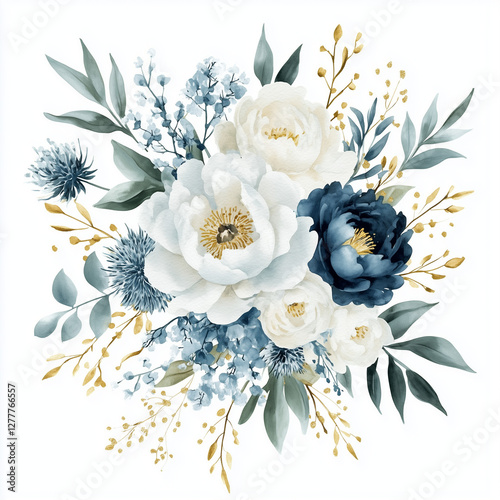 Watercolor bouquet of blue and cream flowers with golden accents