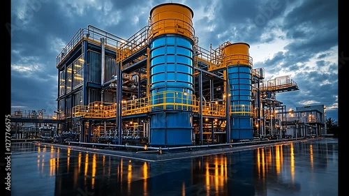 Industrial facility at dusk with illuminated tanks and cloudy sky