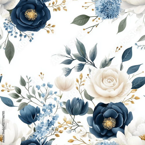 Colorful watercolor floral pattern with blue and cream flowers