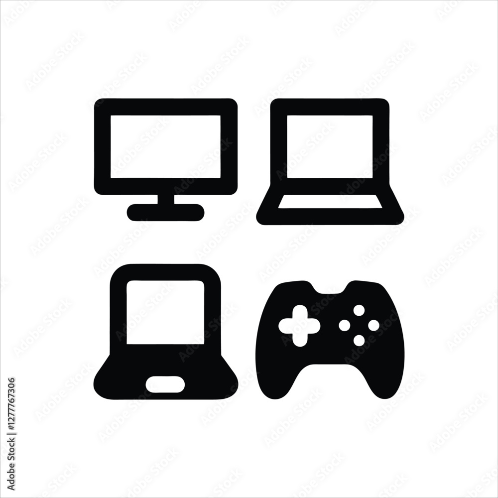 Set of four black and white icons representing different gaming and technology devices, including a tablet, desktop monitor, laptop, and game controller