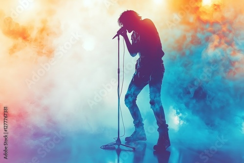 Silhouette of a Male Singer Performing on Stage with Colorful Smoke and Lights