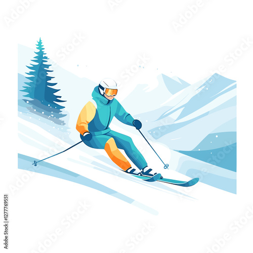 Skier in blue gear skiing downhill in snowy mountains.