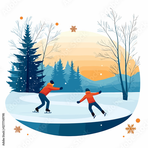 Winter ice skating scene with people in nature.