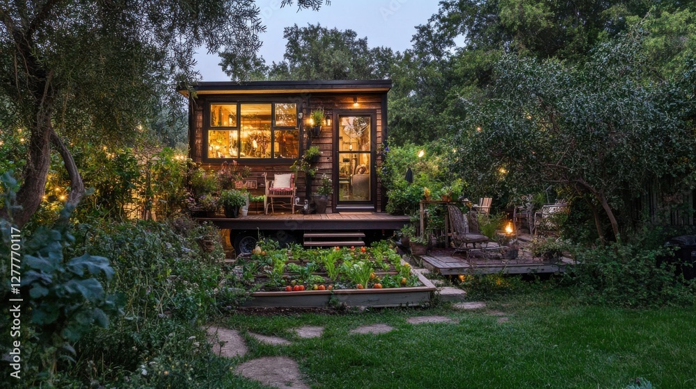 A beautifully designed tiny house nestled among lush greenery, with a thriving vegetable patch and fruit trees in the front yard, radiating a tranquil countryside charm. A beautifully designed tiny house nestled among lush greenery, with a thriving vegetable patch and fruit trees in the front yard, radiating a tranquil countryside charm.