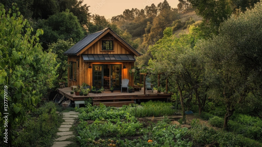 A beautifully designed tiny house nestled among lush greenery, with a thriving vegetable patch and fruit trees in the front yard, radiating a tranquil countryside charm. A beautifully designed tiny house nestled among lush greenery, with a thriving vegetable patch and fruit trees in the front yard, radiating a tranquil countryside charm.