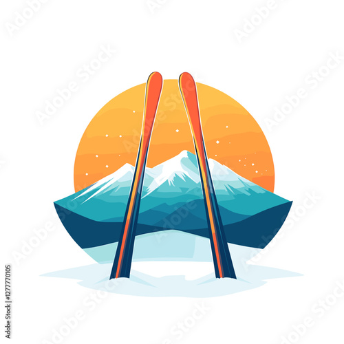 Ski gear against a mountain backdrop at sunset  