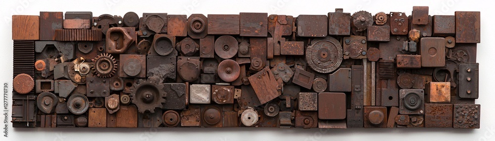 Industrial mixed media assemblage, metal scraps, rusted textures, welded fragments, mechanical aesthetics, raw industrial beauty, urban decay inspiration, dramatic studio lighting, steampunk Industrial mixed media assemblage, metal scraps, rusted textures, welded fragments, mechanical aesthetics, raw industrial beauty, urban decay inspiration, dramatic studio lighting, steampunk