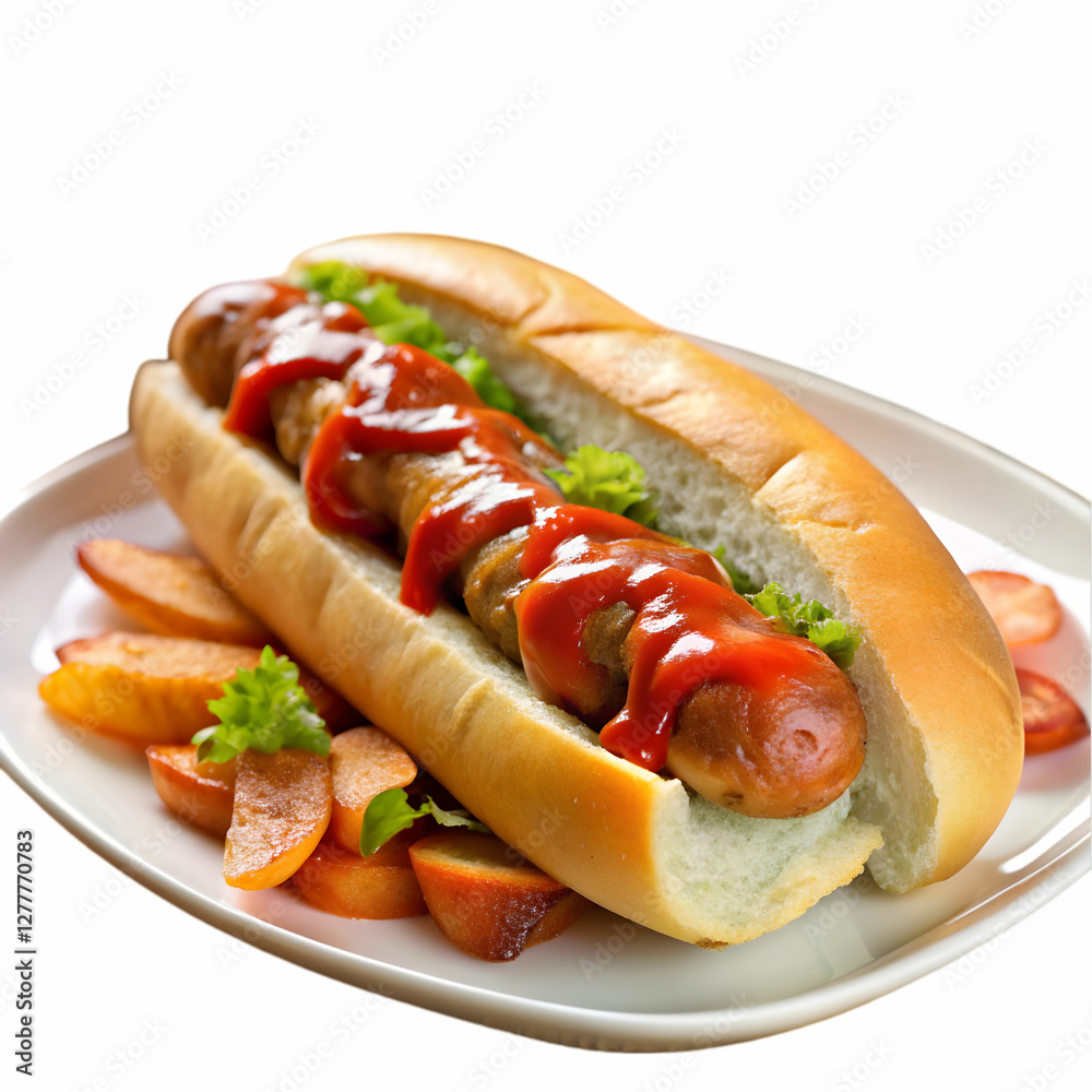 sandwich with sausage with sauce and french fries sandwich with sausage with sauce and french fries