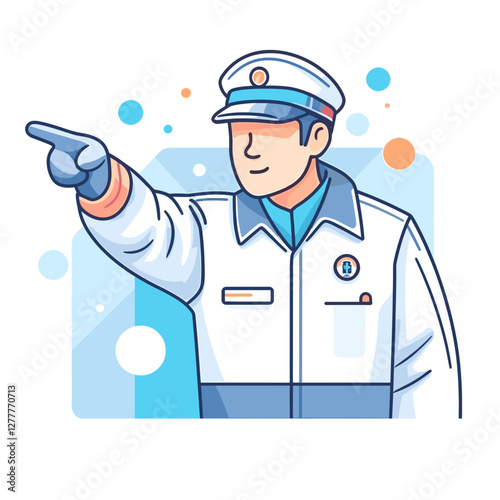 Animated male officer pointing in uniform against a blue background  