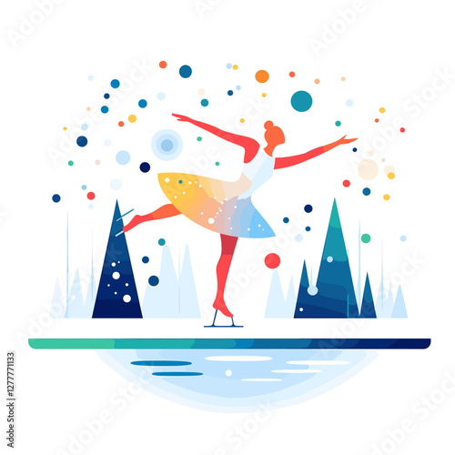 Ice skater performing gracefully amidst colorful snowflakes  